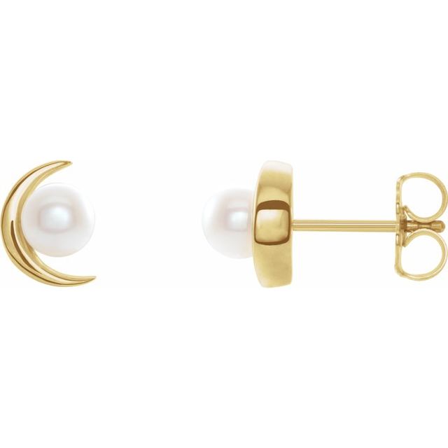 14K Gold Crescent Moon Freshwater Cultured Pearl Earrings