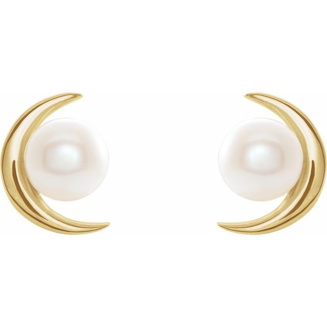 14K Gold Crescent Moon Freshwater Cultured Pearl Earrings