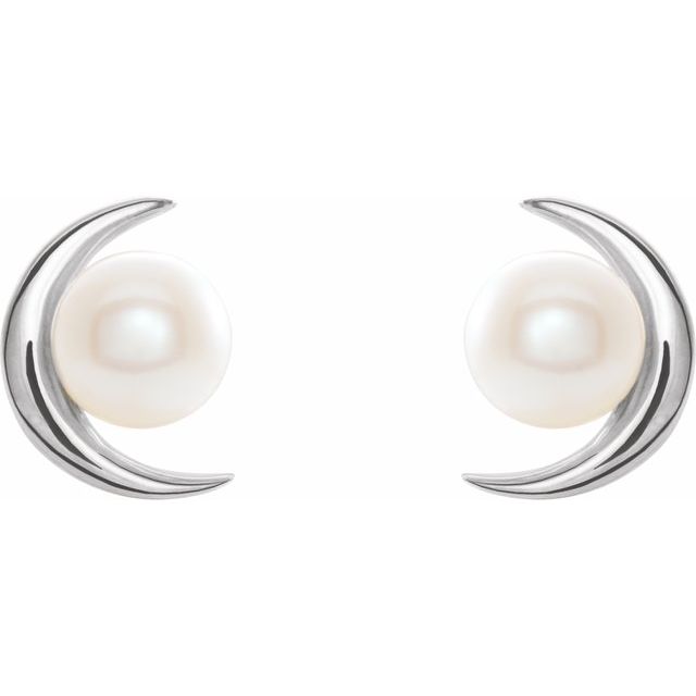14K Gold Crescent Moon Freshwater Cultured Pearl Earrings
