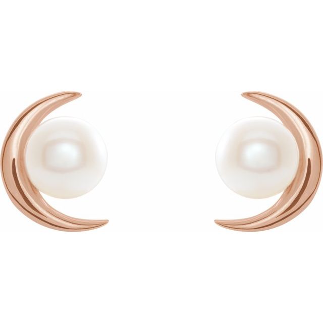 14K Gold Crescent Moon Freshwater Cultured Pearl Earrings