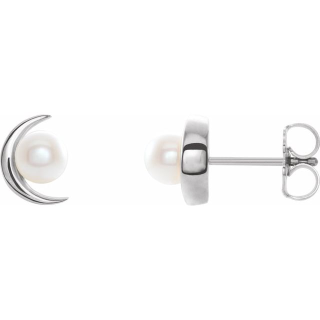 14K Gold Crescent Moon Freshwater Cultured Pearl Earrings