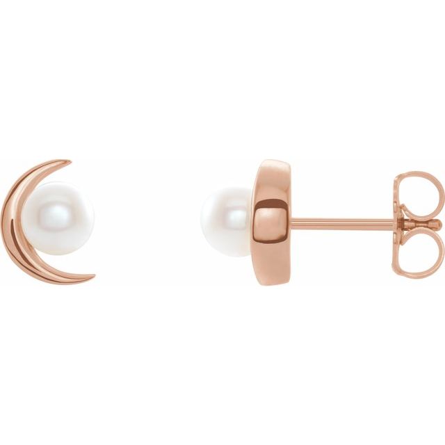 14K Gold Crescent Moon Freshwater Cultured Pearl Earrings