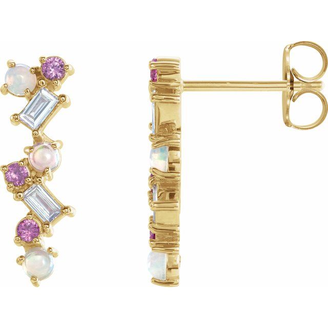 14K Gold Ethiopian Opal, Pink Sapphire & 1/10 CTW Diamond Scattered Bar Earrings