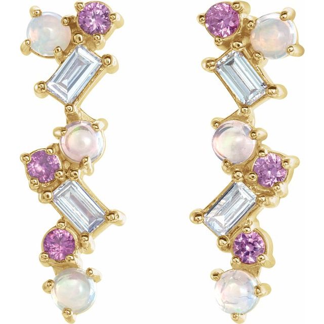 14K Gold Ethiopian Opal, Pink Sapphire & 1/10 CTW Diamond Scattered Bar Earrings