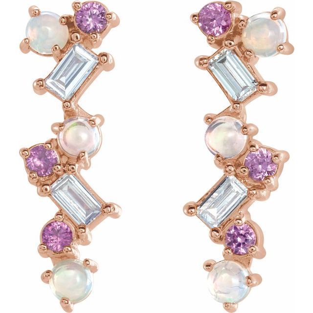 14K Gold Ethiopian Opal, Pink Sapphire & 1/10 CTW Diamond Scattered Bar Earrings