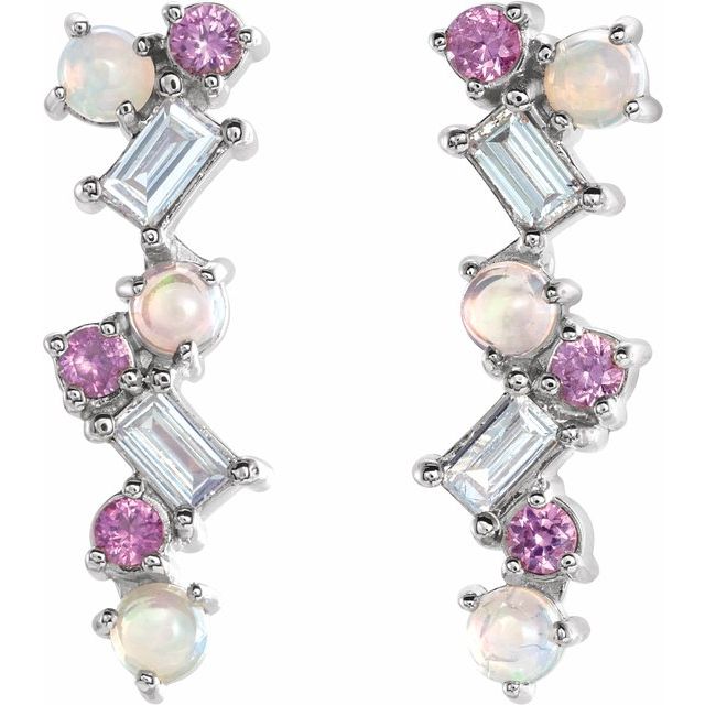 14K Gold Ethiopian Opal, Pink Sapphire & 1/10 CTW Diamond Scattered Bar Earrings