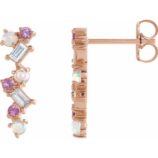 14K Gold Ethiopian Opal, Pink Sapphire & 1/10 CTW Diamond Scattered Bar Earrings