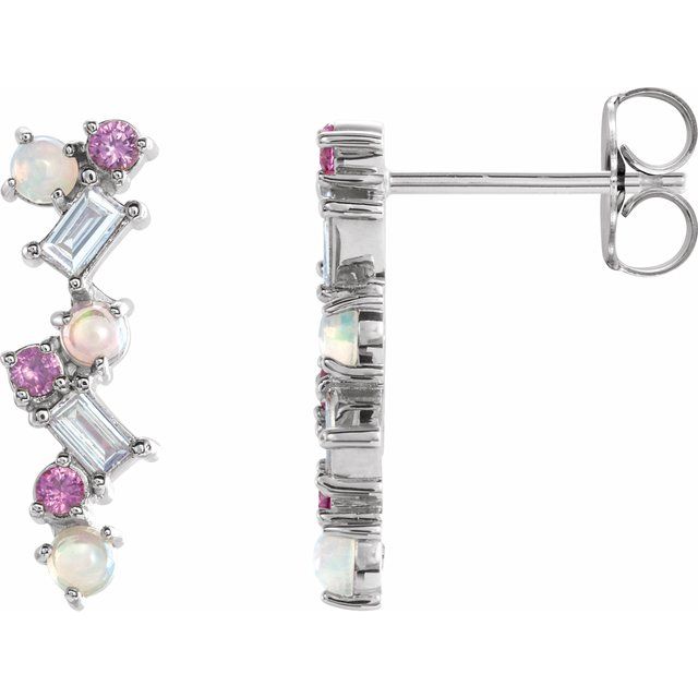 14K Gold Ethiopian Opal, Pink Sapphire & 1/10 CTW Diamond Scattered Bar Earrings