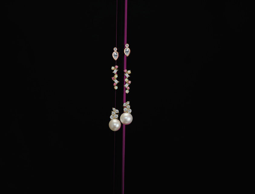 14K Gold Ethiopian Opal, Pink Sapphire & 1/10 CTW Diamond Scattered Bar Earrings