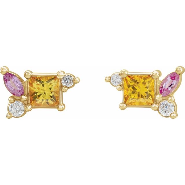14K Gold - Yellow Sapphire, Pink Sapphire, & 1/8 CTW Diamond Earrings