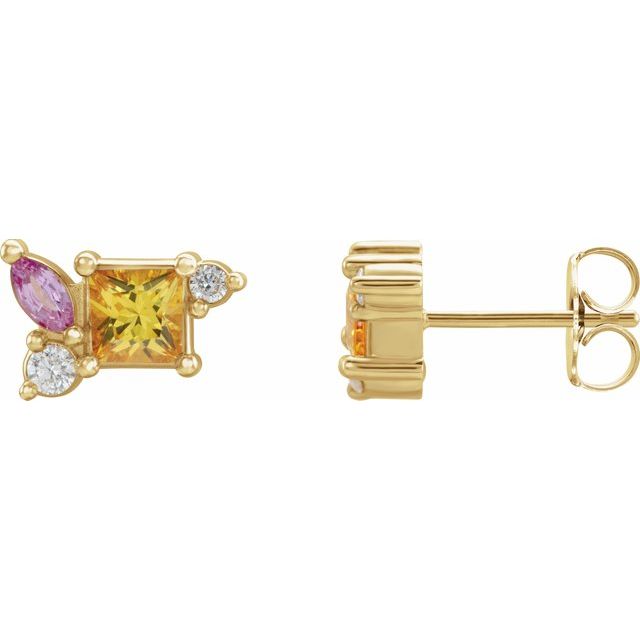 14K Gold - Yellow Sapphire, Pink Sapphire, & 1/8 CTW Diamond Earrings