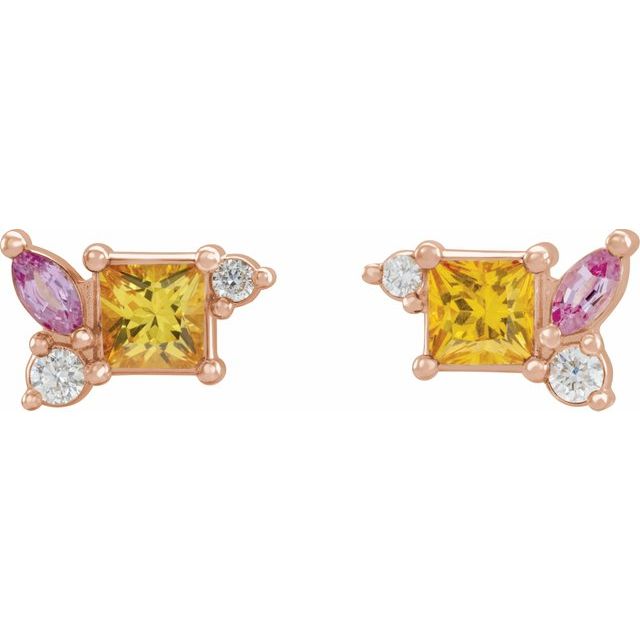 14K Gold - Yellow Sapphire, Pink Sapphire, & 1/8 CTW Diamond Earrings