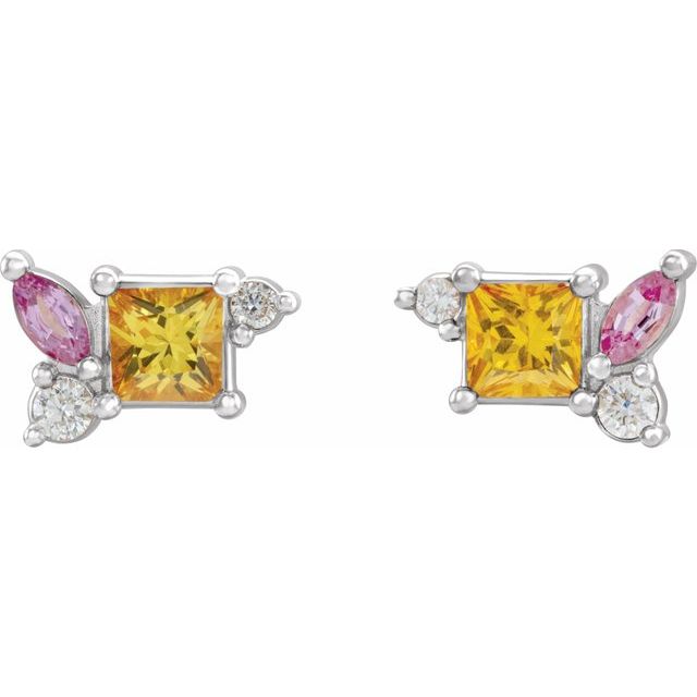 14K Gold - Yellow Sapphire, Pink Sapphire, & 1/8 CTW Diamond Earrings