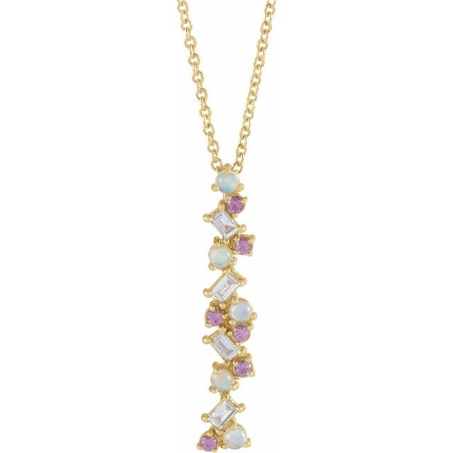 14K Yellow Ethiopian Opals, Pink Sapphires & 1/8 CTW Diamond Scattered Bar 16-18" Necklace