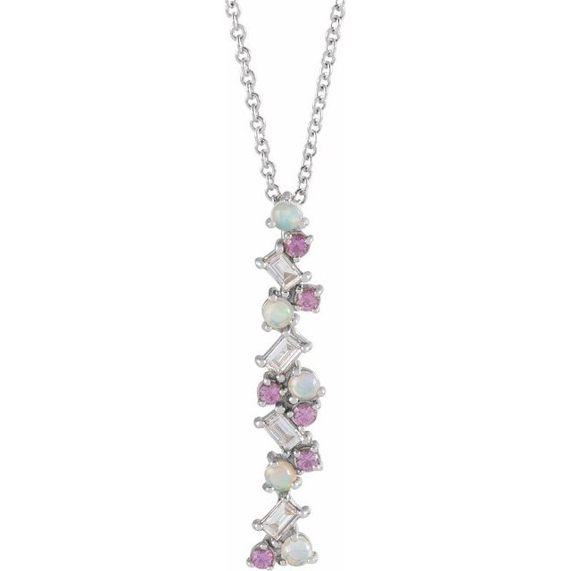 14K Yellow Ethiopian Opals, Pink Sapphires & 1/8 CTW Diamond Scattered Bar 16-18" Necklace