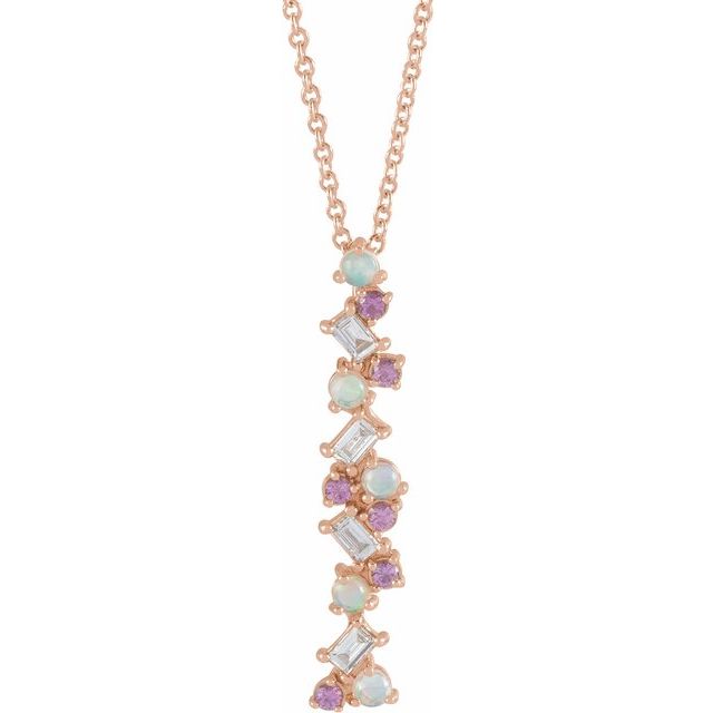 14K Yellow Ethiopian Opals, Pink Sapphires & 1/8 CTW Diamond Scattered Bar 16-18" Necklace
