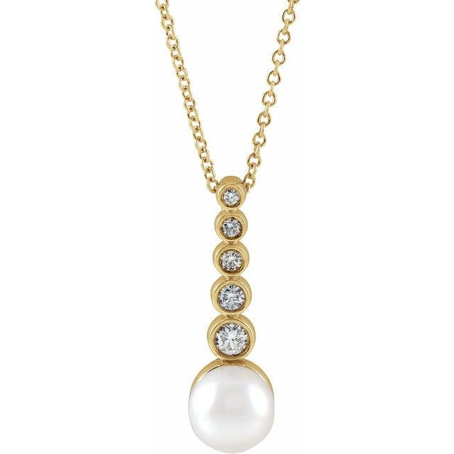 14K Gold Akoya Cultured Pearl & 1/8 CTW Diamond Bar Necklace