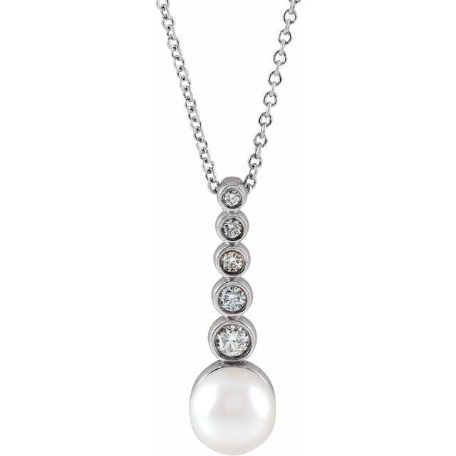14K Gold Akoya Cultured Pearl & 1/8 CTW Diamond Bar Necklace