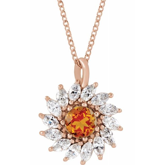 14K Gold - 5-mm Round Citrine & 5/8 CTW Diamond Halo-Style 16-18" Necklace