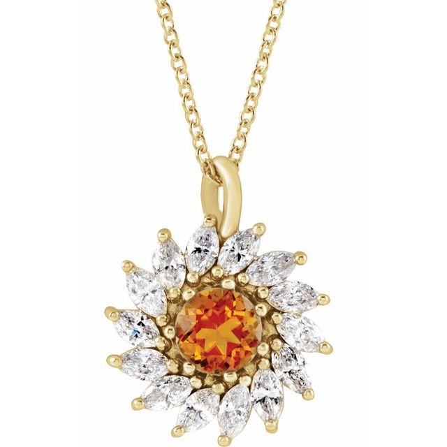 14K Gold - 5-mm Round Citrine & 5/8 CTW Diamond Halo-Style 16-18" Necklace