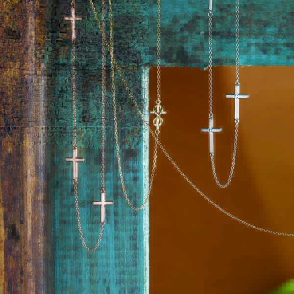 Off-Center Sideways Cross Necklace 16" in 14K Gold