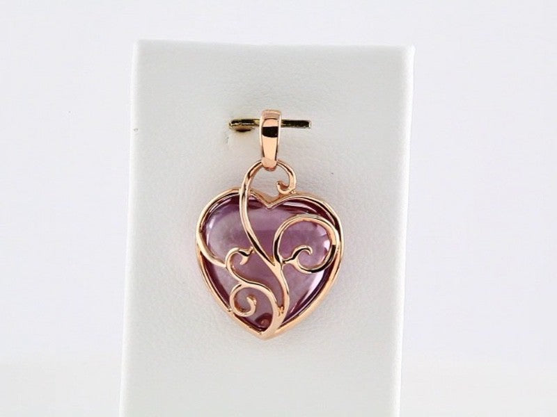 14K Rose Gold Cabochon Rose de France Heart Pendant - 7.35 CTW