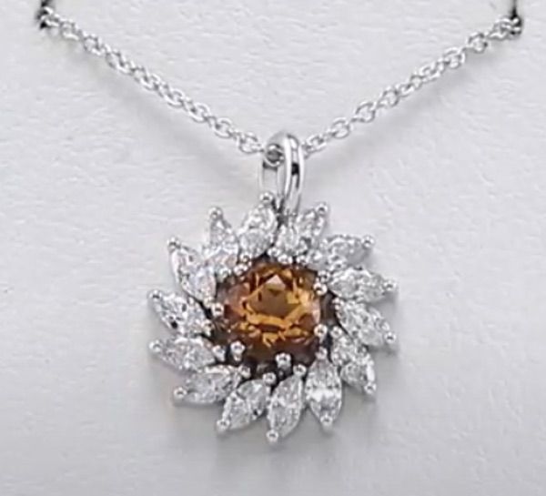 14K Gold - 5-mm Round Citrine & 5/8 CTW Diamond Halo-Style 16-18" Necklace
