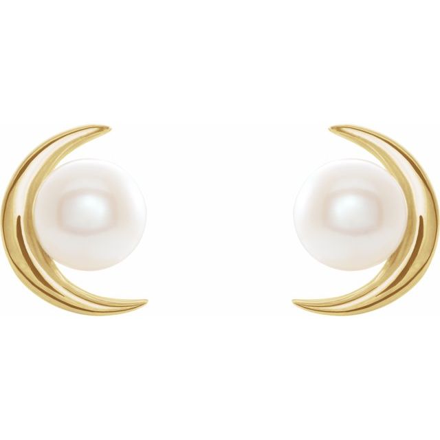 14K Gold Crescent Moon Freshwater Cultured Pearl Earrings